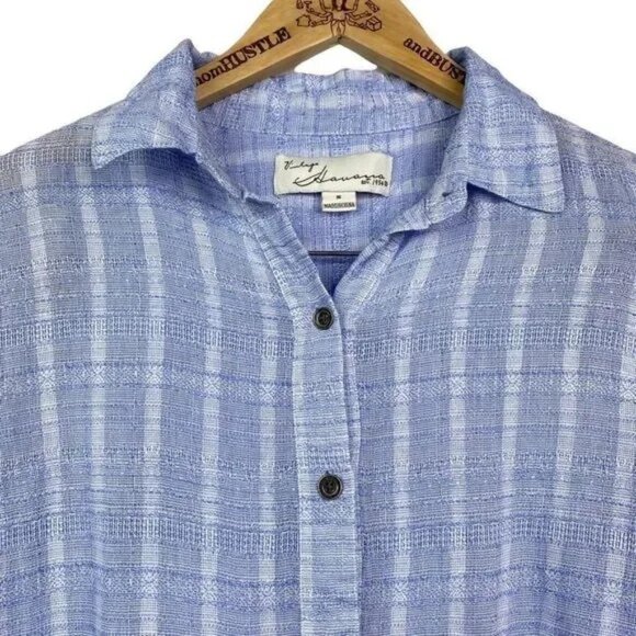 VINTAGE HAVANA BLUE PLAID LONG SLEEVE W/RUFFLES BUTTON FRONT SHIRT SMALL-EUC - Picture 4 of 6